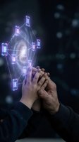 Hands holding glowing digital network hologram with connected nodes and data visualization on dark background for technology and innovation concepts.