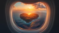 Heart-shaped cloud formation viewed through airplane window over ocean at golden sunset, dramatic sky with orange sunlight reflecting on calm sea surface.
