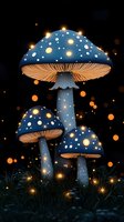 Magical glowing blue mushrooms with white spots in dark forest surrounded by floating golden light orbs and fireflies, creating enchanted nighttime scene.