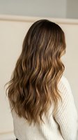 Woman with long wavy brown hair with golden highlights wearing cream knit sweater, back view showing natural hair texture and balayage coloring.
