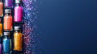 Colorful glitter powder spilling from glass jars against dark blue background, creating magical sparkle effect. Vibrant pink, orange, gold and blue colors for craft and design.