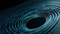 Futuristic digital vortex with glowing binary code spiral pattern in dark blue and cyan colors forming tunnel effect, abstract technology background for data concepts.
