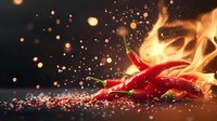 Fresh red chili peppers with flames and sparks against dark background, dramatic food photography with fire effect and spice seasoning scattered around.