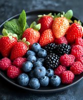Assorted fresh berries including strawberries, raspberries, blueberries and blackberries arranged on dark plate with mint leaves for healthy eating and nutrition content.