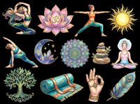 Yoga and wellness icon set with isolated elements on transparent background, ready for t-shirt design, clipart, stickers, sublimation and print-on-demand products.