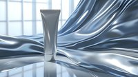 Metallic silver cosmetic tube on reflective surface with flowing silk fabric backdrop in cool gray tones, luxury skincare product presentation.