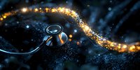 Medical stethoscope with glowing golden DNA helix spiral against dark background, symbolizing genetic healthcare and medical research advancement.