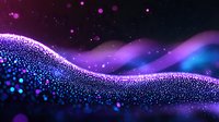 Glowing particles form abstract waves against dark background with vibrant purple and blue colors creating magical atmosphere for creative design projects.