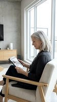 Mature Caucasian businesswoman reading tablet computer while sitting in modern chair by window in contemporary living room for remote work and digital lifestyle.