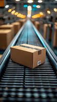 Cardboard box moving on automated conveyor belt system in modern warehouse distribution center with bokeh lights background, logistics concept.