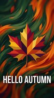 Vibrant autumn maple leaf with red, yellow, and orange segments centered against swirling green and orange background. Seasonal fall design for greeting cards and promotional materials.