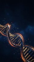 Glowing DNA double helix structure with golden light effects against deep blue cosmic background for medical and scientific research concepts.
