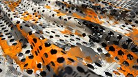 Abstract orange and black spotted pattern with metallic silver elements creating dynamic flowing design. Modern artistic background for creative projects.