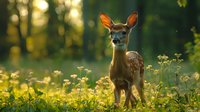 Young whitetail deer fawn standing alert in summer meadow with wildflowers during golden hour sunset, backlit by warm sunlight in forest setting.