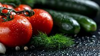 Fresh ripe tomatoes on vine with water drops, green cucumbers, garlic cloves, dill and peppercorns on dark background, macro food photography.