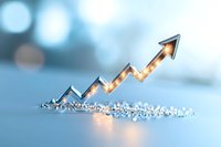 Glowing upward arrow chart with illuminated growth trend on soft blue background, symbolizing business success and financial progress.