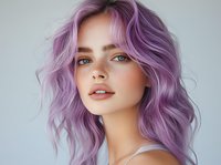 Young woman with vibrant lavender hair, freckles, and golden eyes against neutral background, showcasing modern beauty trends for salon advertising.