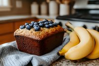Fresh baked chocolate banana bread topped with ripe blueberries on gray linen napkin, next to yellow bananas on kitchen counter, selective focus.