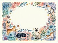 Watercolor floral frame with cute cats, paw prints and botanical elements on white background. Pet-themed border design for invitations and cards.