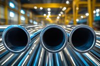 Steel pipes stacked in industrial warehouse with selective focus on three pipe ends, showing metallic texture against blurred background with yellow supports and lighting.