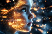 Profile view of face illuminated by glowing orange and blue digital particles, with ethereal light effects and technological elements creating magical atmosphere.