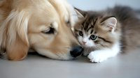 Golden retriever and fluffy kitten lying close together, touching noses in tender moment against neutral background, showing friendship between dog and cat.