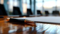 Elegant black fountain pen with gold accents lying on wooden desk surface with dramatic lighting and shallow depth of field, creating professional business atmosphere.