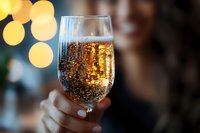 Sparkling wine glass with golden bubbles held against blurred bokeh lights background, creating festive atmosphere for celebration and special occasions.