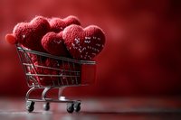 Red knitted hearts in miniature shopping cart on burgundy background for Valentine's Day romance marketing and love-themed commercial projects.