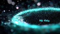 Abstract digital wave of glowing cyan particles with bokeh effect on dark background forming dynamic data visualization pattern. Technology concept.