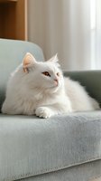 Majestic white Persian cat with amber eyes resting on light gray corduroy couch in soft natural lighting, creating serene home atmosphere.