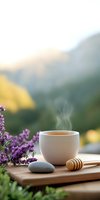 Steaming cup of herbal tea with honey dipper, zen stone and purple wildflowers on wooden surface against blurred mountain landscape background at sunrise.