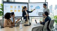 Professional businesswoman presenting cloud computing strategy to diverse team in modern conference room with city skyline view during corporate meeting.