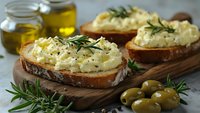 Creamy ricotta cheese spread on toasted bread slices with fresh rosemary herbs, served with green olives and olive oil for Mediterranean appetizer or snack.