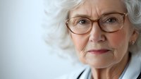 Senior Caucasian woman with silver hair and glasses wearing white blouse looking confidently at camera against light background, expressing wisdom and professionalism.