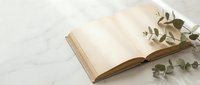 Open book with blank pages on neutral background with eucalyptus branches for reading, education, literature and knowledge concepts.