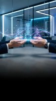 Two businessmen in formal suits hold glowing digital network icons between their hands in modern office, representing data management, cybersecurity, and corporate collaboration technology solutions.