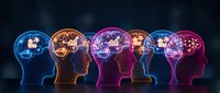 Human head silhouettes with glowing brain networks showing neural connections and cognitive activity in vibrant neon colors on dark background.