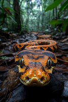 Close-up portrait of orange and black Brazilian rainbow boa snake head in tropical rainforest environment, showing detailed scales and hypnotic eyes on dark forest floor.