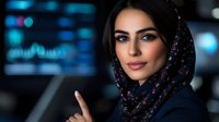 Professional Middle Eastern businesswoman in hijab working in modern tech office with digital displays and computer screens in background.