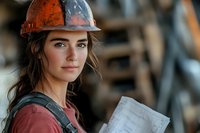 Young female construction worker in orange hard hat reviewing blueprints at building site, wearing protective workwear, displaying confidence and expertise.