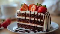 Layered chocolate cake slice with cream filling, fresh strawberry topping and chocolate drizzle on white plate. Close up view with soft background blur.
