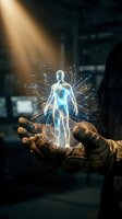 Glowing holographic human figure with digital data visualization displayed in palm of hand, representing healthcare technology, medical innovation, and futuristic digital transformation.