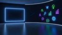 Futuristic digital workspace with glowing neon frame and colorful business icons floating in dark modern interior for technology presentations.