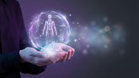 Hands holding glowing digital human hologram with purple energy sphere, representing healthcare technology, medical innovation, and futuristic wellness solutions.