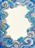 Watercolor blue cloud border frame with swirling waves in teal, gold, and lavender tones, blank center for text or design use.