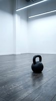 Black kettlebell on wooden floor in modern gym studio with white walls and linear ceiling lights, suitable for fitness, strength training, and workout facility design projects.