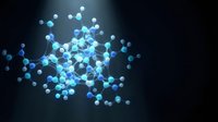 Abstract molecular structure with glowing blue spheres and connecting bonds on dark background for scientific research and chemistry concepts.
