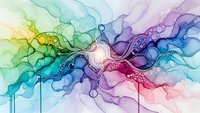 Abstract watercolor background with flowing organic shapes in rainbow gradient colors from green to purple with bubbles and paint drips on white surface.