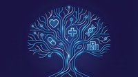 Healthcare tree concept with medical symbols in branches on dark blue background. Modern linear design for wellness, medicine, hospital services.